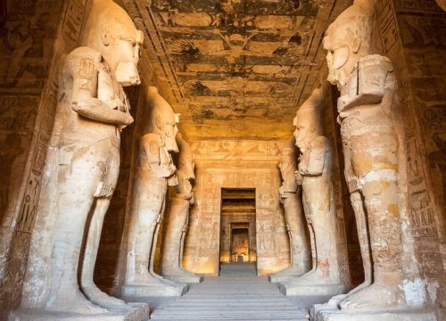 Interior of Abu Simbel Temple with hieroglyphics and ancient carvings