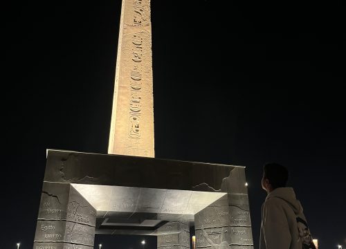 Suspended obelisk of Ramses II at the entrance of the Grand Egyptian Museum in Giza