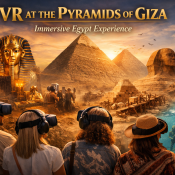 Tourists experiencing VR at the Pyramids of Giza, exploring ancient Egypt in a virtual reality show