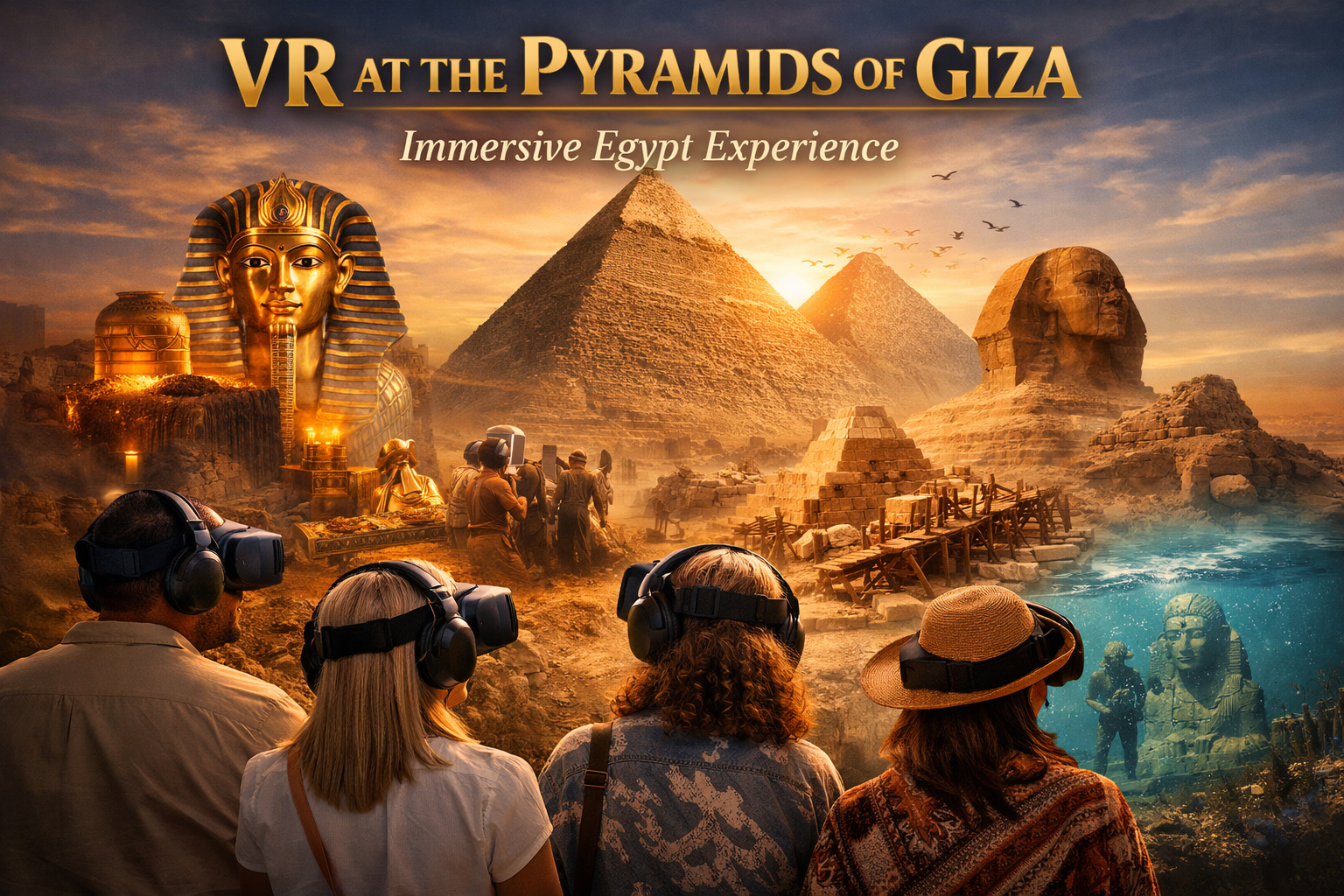Tourists experiencing VR at the Pyramids of Giza, exploring ancient Egypt in a virtual reality show